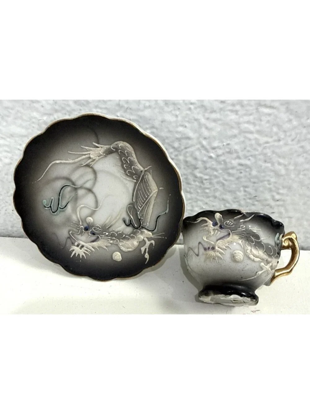 Vintage Japanese Moriage Dragonware Tea Cup Saucer Gold Lithopane 3.5